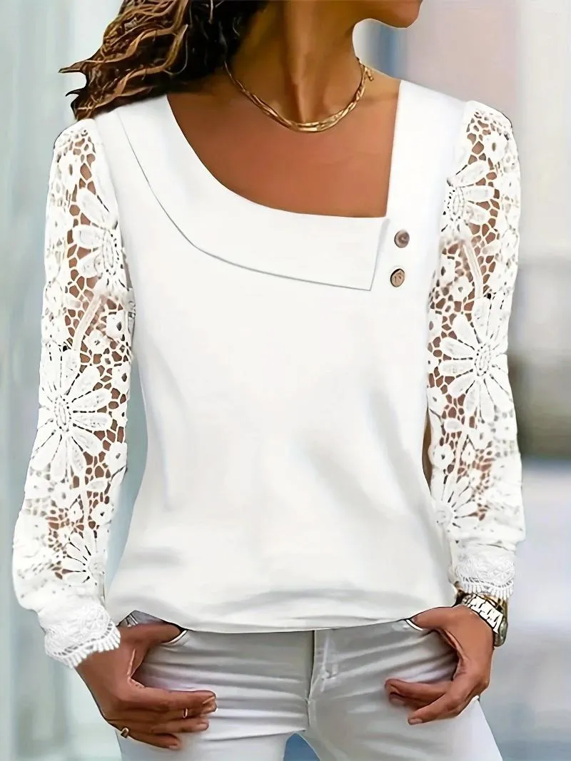 Spring Blouses for Women: Elegant White Lace Long Sleeve Blouse, White  Cotton Blouses for Women, Button-Down Shirt for Office Casual Wear