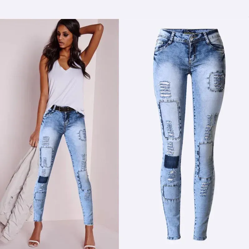 Sommarstil Låg midja himmelblå lapptäcke mager tights kvinnor blyerts jeans hög stretch sexig push up denim kvinnor mode jeans 240318