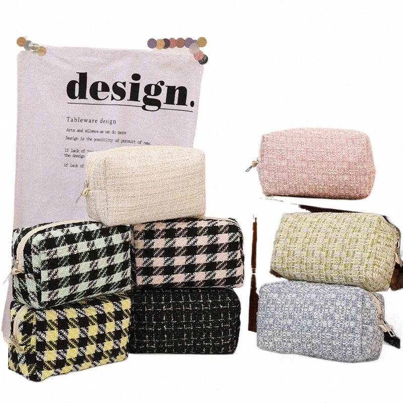 Sac de maquillage à carreaux pour femmes tricoté Tweed grossier petit sac cosmétique pochette de maquillage de voyage pour femmes organisateur de toilette Y6hf #