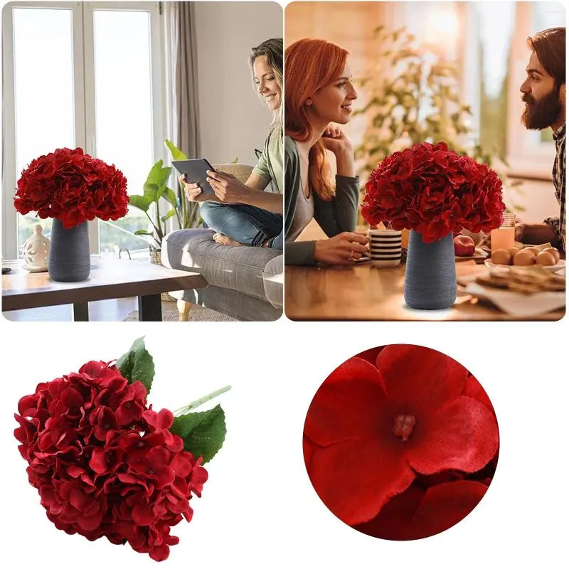 Flores decorativas flor 5 cabeça de seda hortênsia pano decoração para casa casamento arranjo parede buquê garfos