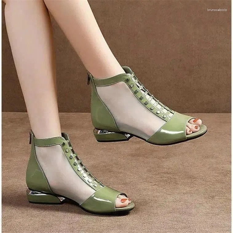 Casual Shoes 2024 Peep Toe Sandals Boots Women PU Leather Summer Mesh Low Heels Back Zip Female Footware