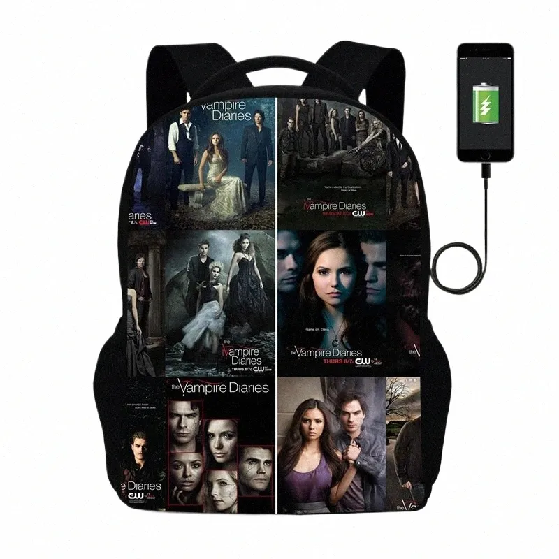 Hot The Vampire Diaries Mochila para Meninos Meninas Adolescentes Sacos de Escola Crianças Estudante Mochila Homens Mulheres USB Carregamento Sacos de Viagem v34t #