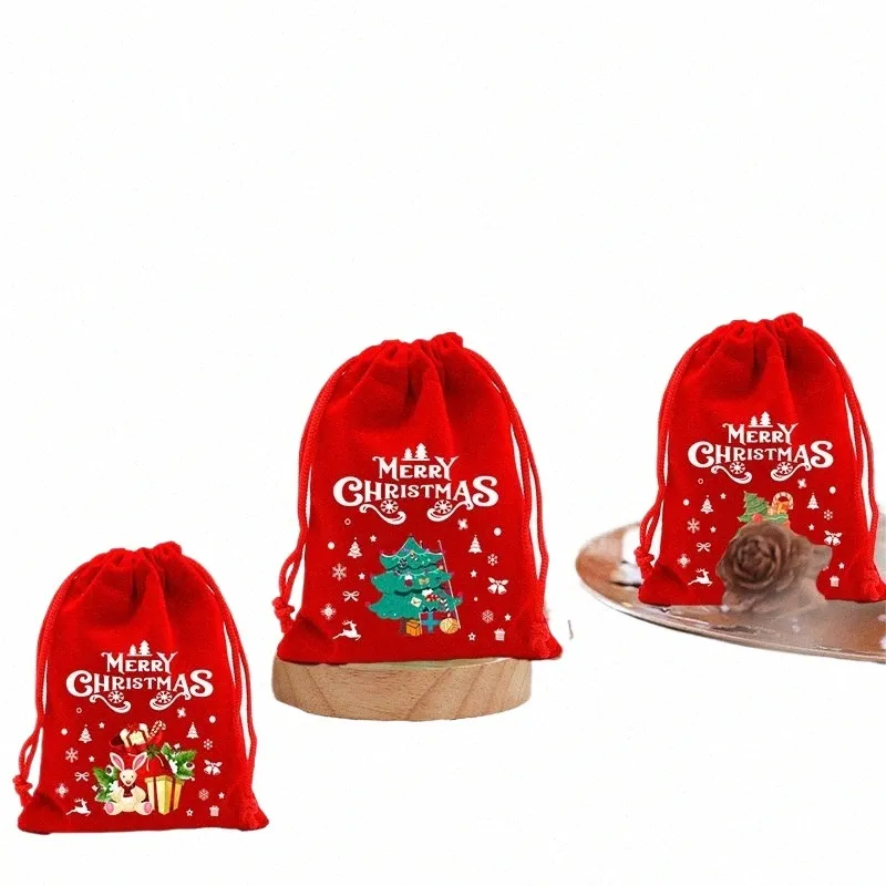 christmas Veet Bags Drawstring Candy Biscuits Pouch Red Bracelet Jewelry Packaging Bags Merry Christmas Storage Bags L9S5#