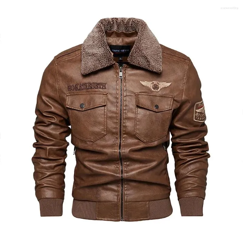 Men's Jackets JG-2376 Fleece Lapel Leather Jacket Multi-pocket Motorcycle Zipper Fur Collar Detachable