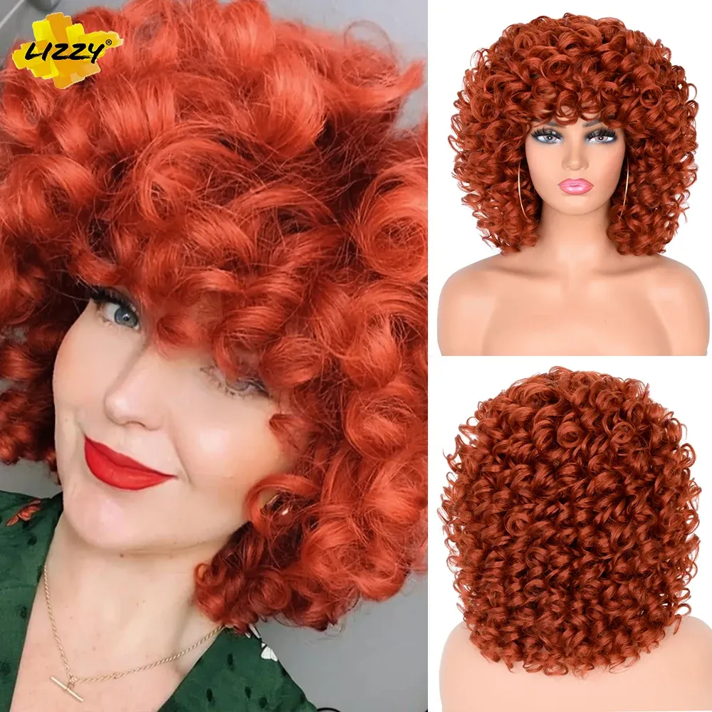 Perucas lizzyhair vermelho marrom cobre curto encaracolado perucas sintéticas para preto feminino africano cosplay natural afro peruca com franja resistente ao calor