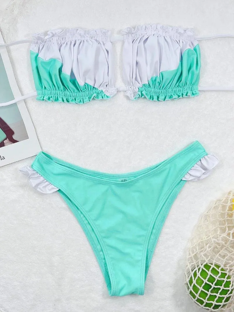 Kvinnors badkläder skarvande bandeau veckade ruched bikini kvinnliga baddräkt kvinnor tvåstycken set bather baddräkt baddam K3678