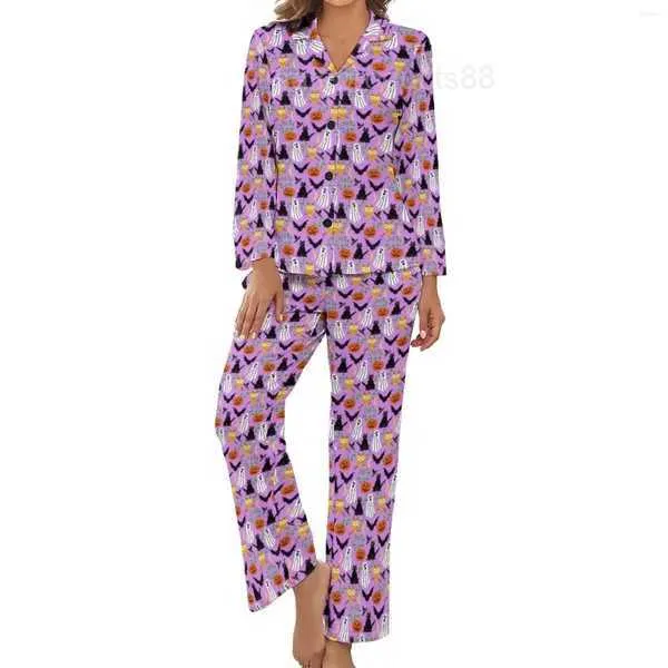 Vêtements de nuit pour femmes Pyjamas d'Halloween effrayants Femmes Fantômes et citrouilles Kawaii Manches longues 2 pièces Ensembles de pyjama imprimés à col en V esthétique