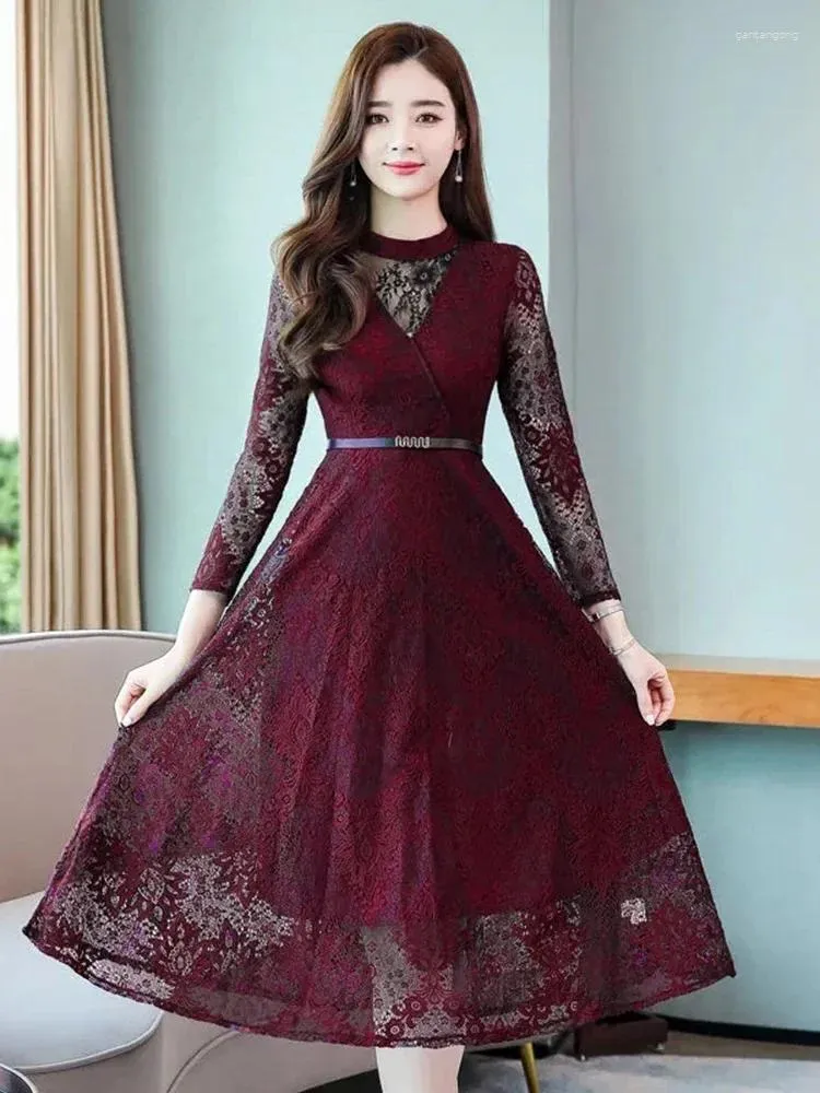 Casual Jurken Lente Kant Lange Mouw O-hals Midi-jurk Elegant Uitgehold A-lijn Vestidos Zomer Print Elbise Slank Gewaad Koreaans Dressoir F67