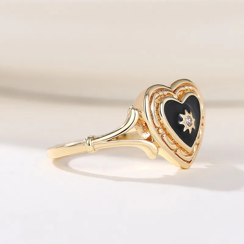 18Kゴールド デザインリング✴︎used ✴︎ 2024Womens Retro Black Heart Ring: Vintage Gold Enamel Sun