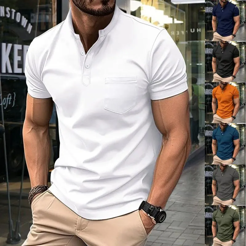 Мужские поло 2024, повседневная рубашка-поло, карман, v-образный вырез, пуговицы, деловая однотонная универсальная футболка, топ
