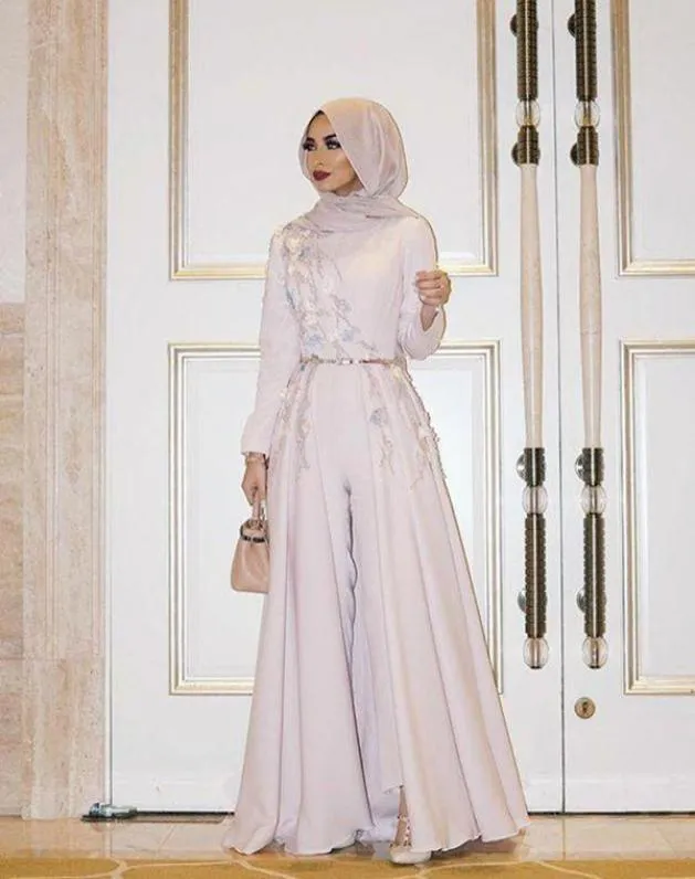 2022 Elegant Muslim Jumpsuit Evening Dresses With Detachable Skirt Beaded Long Sleeve Formal Party Gowns For Weddings Arabic Dubai1434400