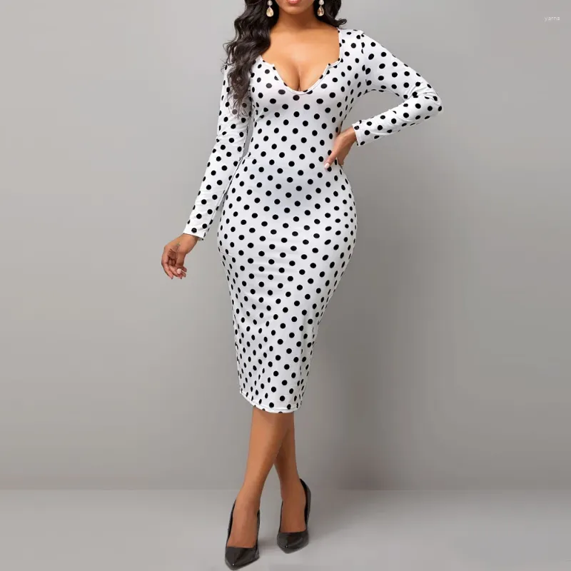 Abiti casual MISSJOY Donna Polka Dot Africano Sexy V profondo Taglio basso Abito aderente Bianco Nero Stampa Retro Ufficio Slim Vestido De Res