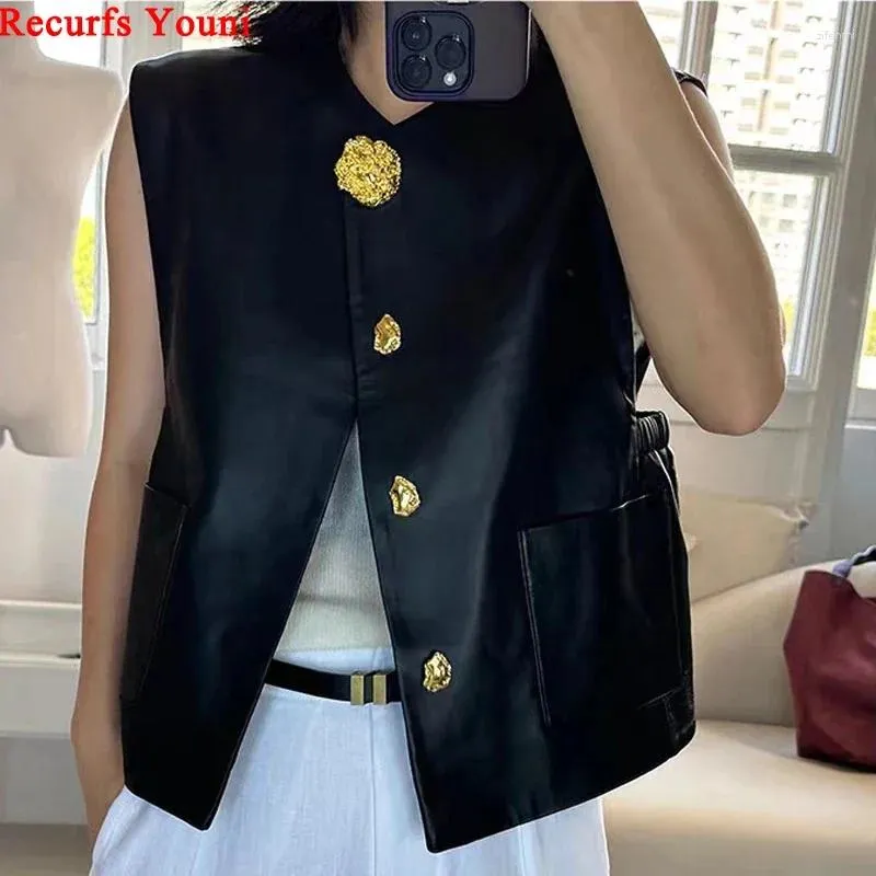 Women's Vests Sheepskin Black Vest For Women Autumn 2024 Novelty Gold Button Pockets Elastic Hem Leather Short Tops Quilted Colete Feminino