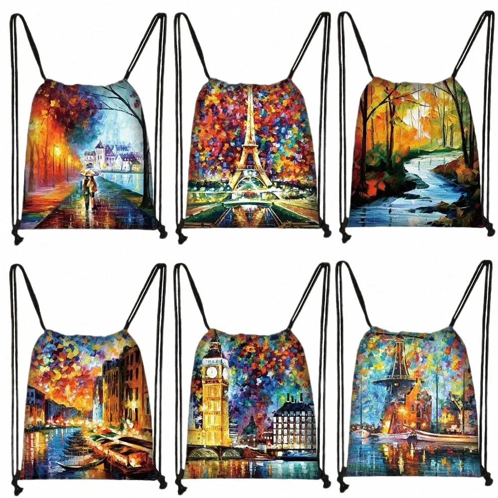 Pintura a óleo paisagem impressão drawstring saco feminino softback mochila senhoras sacos de armazenamento para viagens meninas bookbag sapatos titular n05h #