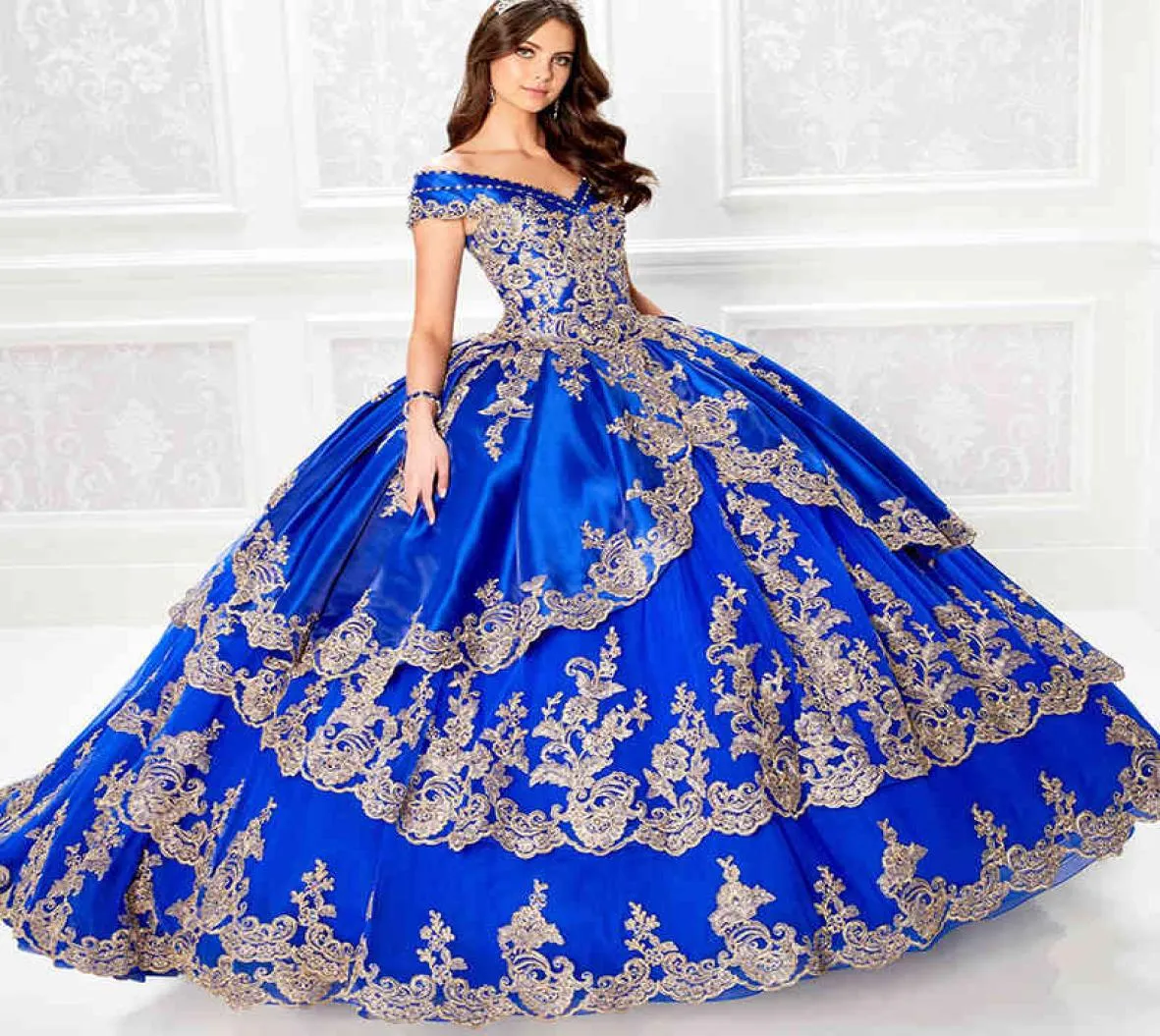 Robes de Quinceanera bleu royal à épaules dénudées avec appliques dorées, robes de bal à lacets, robes de soirée pour 16 ans, 3104549