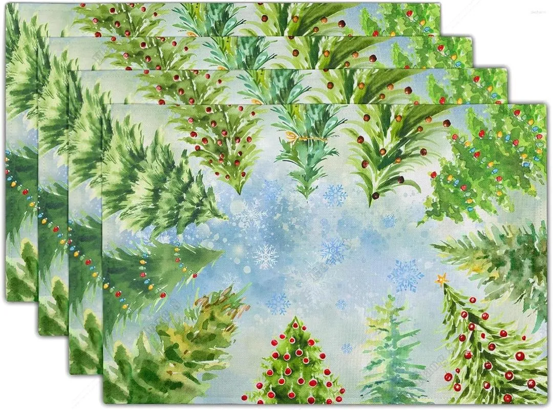 テーブルマットクリスマスツリープレースマット屋内の屋外の装飾用の4つの水彩冬の冬の場所スノーフレークアートキッチンダイニングマットのセット