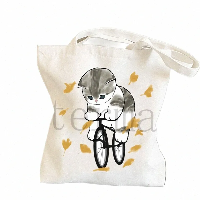 Kawaii Cat Drukujowe torby na ramię dla Lady Cute Tote Torba Women Designer TOTE BAGS Linen Reusable Shop Torba do artykułów spożywczych A19i#