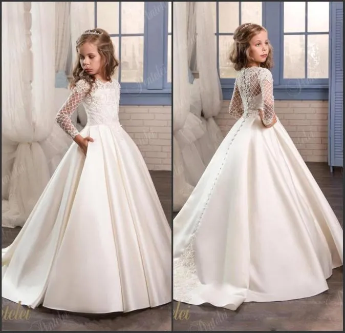 Princess White Lace Flower Girl Dresses 2019 New Aled Long Sleeves First Compleinion Birthday Party Dresses Girls Pageant for1043752