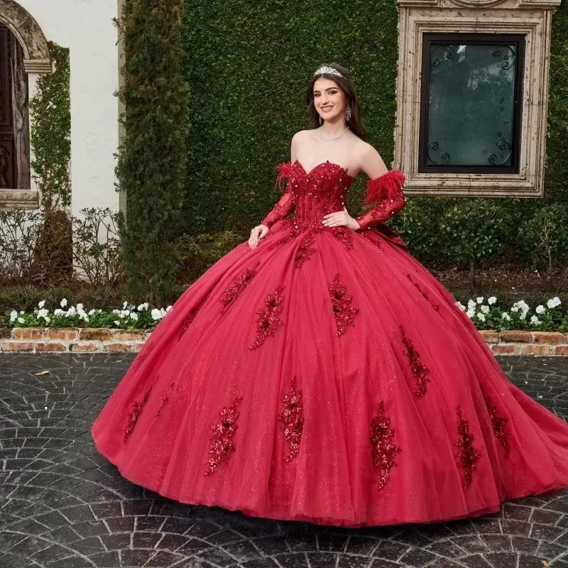 Vermelho quinceanera vestidos sem mangas rendas apliques vestido de baile fora do ombro pena espartilho vestidos para xv anos formaturas vestido de baile