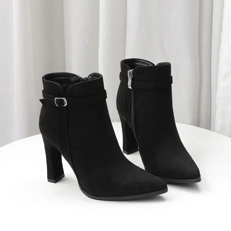 2024 Womens Suede Ankle Boots, Pointed Toe Stiletto Heel