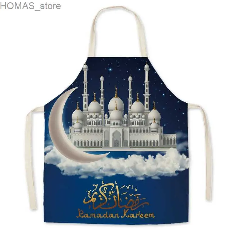 Aprons 1 Piece of Ladies Ramadan Pattern Cotton and Linen Kitchen Apron Home Cooking Baking Shop Cleaning Accessories Haircut Apron Y240401