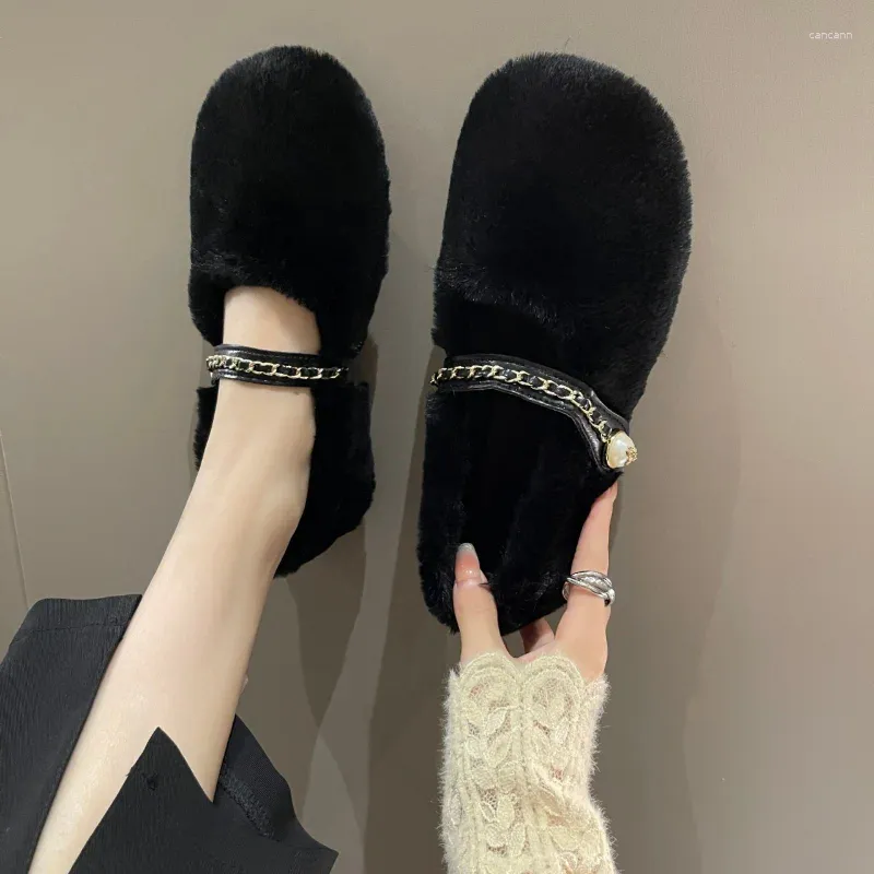 Casual Shoes Metal Chain Belt Buckle Fur Wary Janes Winter Women Cotton Loafers Round Toe Flats Woman Warm Plush Moccasins 2024