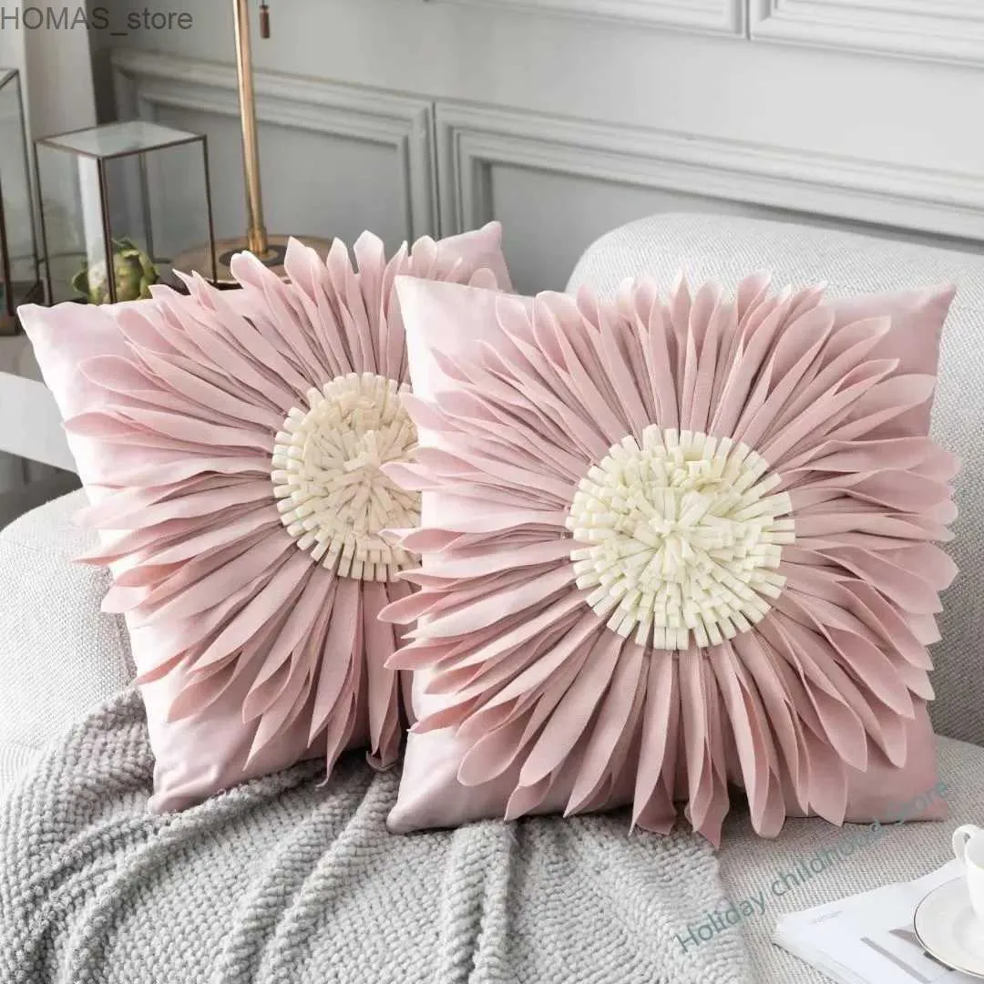 Подушка/декоративная подушка модная и модная розовая белая броска S 45 * 45 см бархатной сплайсинг 3D Chrysanthemum Padded Laiste Blue Cushion Box Y240401