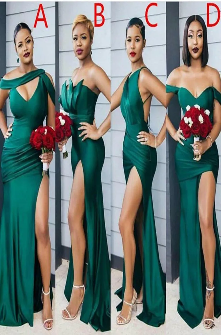 2021 modesto verde smeraldo spacco laterale abiti lunghi da damigella d'onore abiti da festa di nozze sexy differenza scollatura abito da damigella d'onore economico C6030869