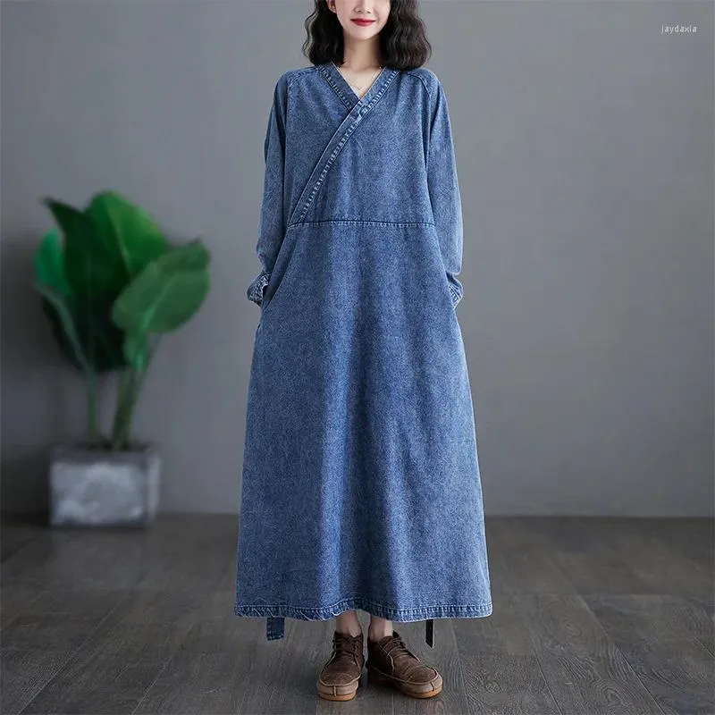 Retro Denim Dress Spring Casual Cowboy Style, Diagonal Flap Design, Loose  Fit Long Robe, Distressed Wash Shop Now!