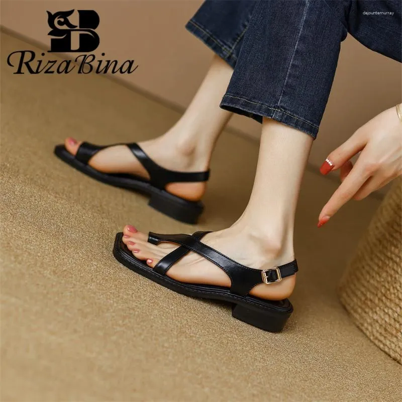 Klänningskor Rizabina Real Leather Women Sandals Fashion Buckle Strap Chunky Heel Summer Roman Casual Party Outdoor Beach Footwear