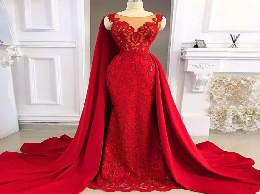 Modest Mermaid Red Prom Dresses Jewel Neck Evening Dress with Detachable Train 2021 Full Lace Appliqued Beads Formal Gowns4564260