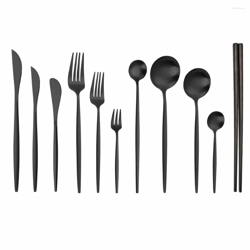 Ensembles de couverts 1pc noir en acier inoxydable ensemble de couverts couteau fourchette cuillère cuillère à café dîner cuisine voyage vaisselle goutte