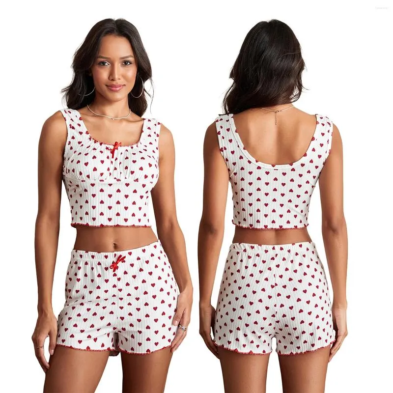 Ev Giyim Kadın Şortları Salonu Seti Kalp Baskı Mini Bow Cami Üstleri Elastik Bel 2 adet Placroewear