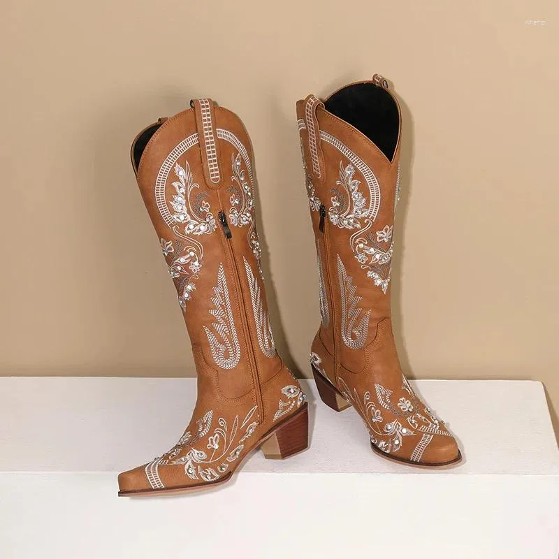 Boots 2024 Autumn Winter Women Mid-calf Plus Size 22-26.5cm Embroider Pu Upper Modern Thick Heel Western