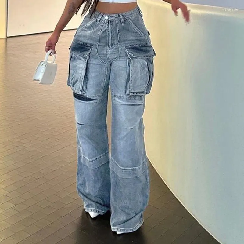 Jeans da donna 2024 pantaloni estivi in denim moda strada allentati dritti multitasche con cerniera divisa a vita alta estiva 2024