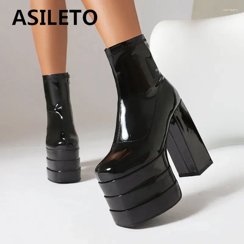 Buty Aseleto Fashion Women Kostek Kwadrat Block wysokie obcasy 14 cm Platforma Hill 7,5 cm Zipper Party Booty Large Size 44 45 46