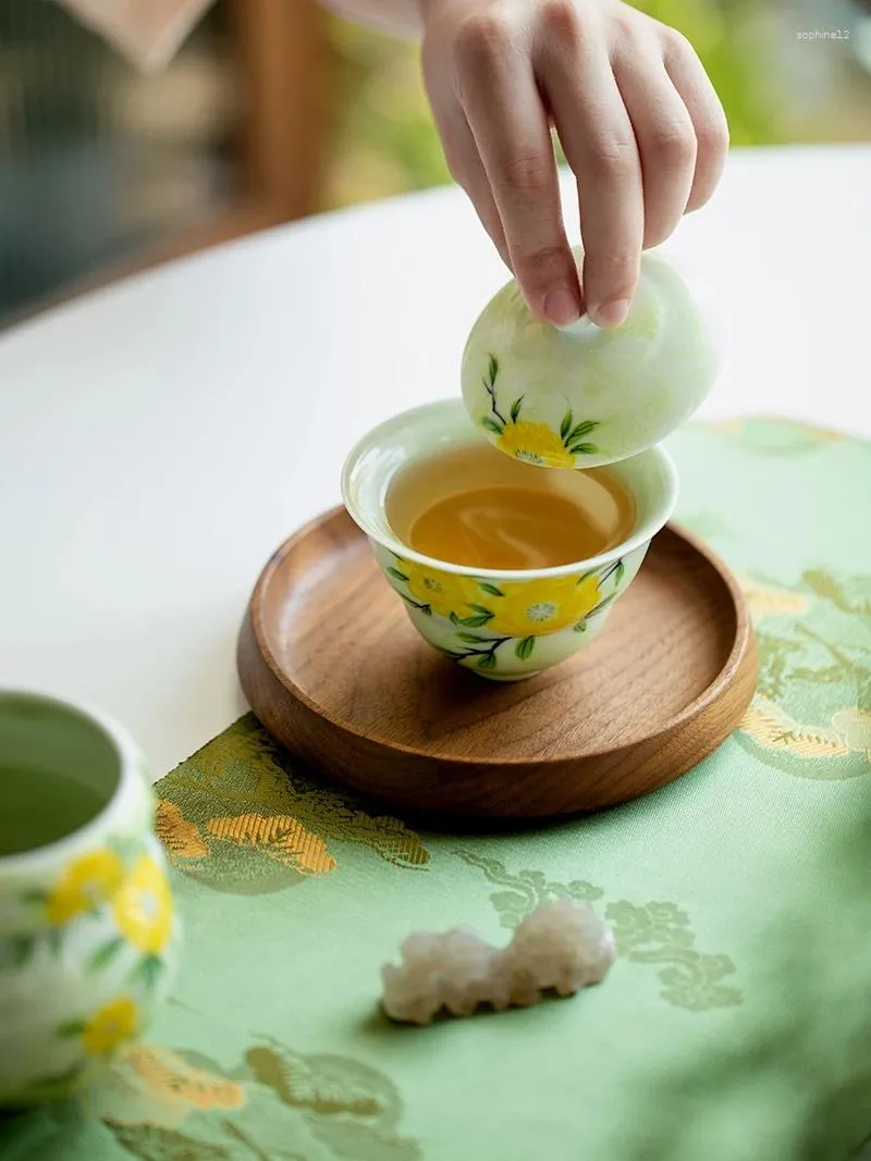 Conjuntos de teteras Tureen pintada a mano con una sola mano, dos cuencos de té de cerámica china con tapa, sin infusor