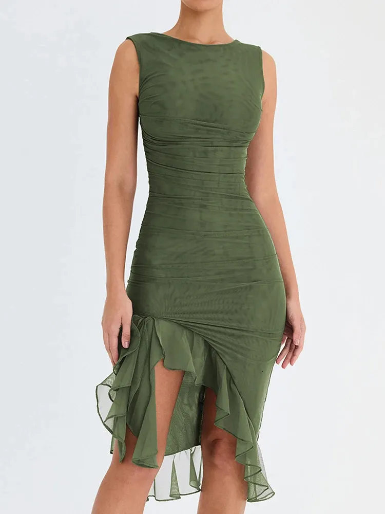 Mozision Elegant Ruffle Ruched Midi Dress for Women - Backless, Sleeveless, Irregular, Perfect for Club Parties and Summer - Vestidos Color Sage