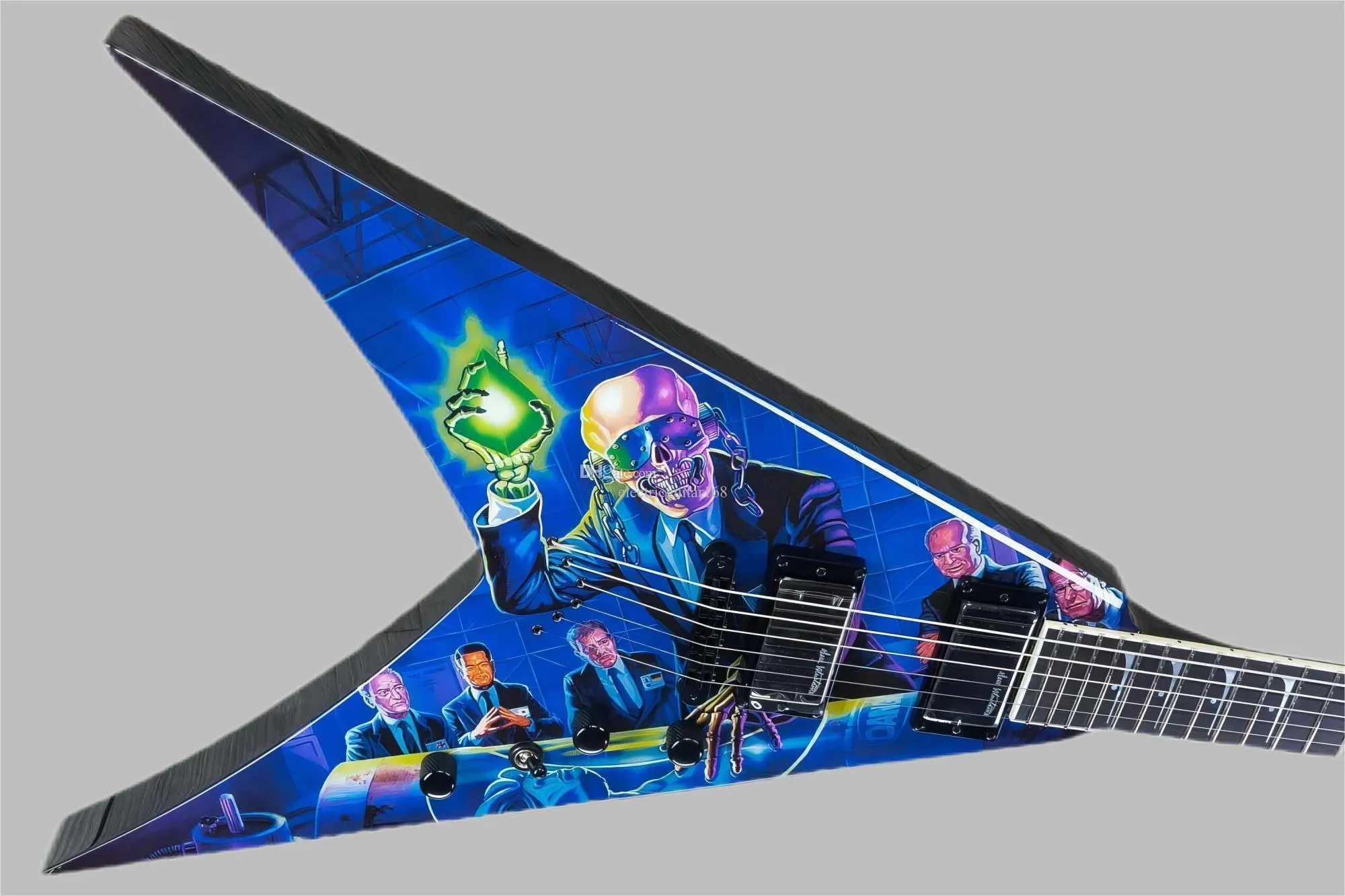 Custom Shop Dave Mustaine Rost in Peace Blue Flying V E -Gitarrenhandwerk Farbe, aktive Abholung 9V Batterie Box, schwarze Hardware, Haifischflosse Inlay