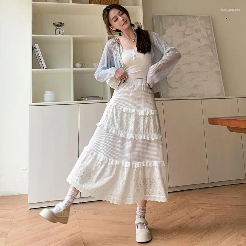 Skirts Sweet Cute White Cake Skirt For Women Korean Style Spring Summer 2024 Elastic High Waist A-Line Girls Lace Embroidery Long