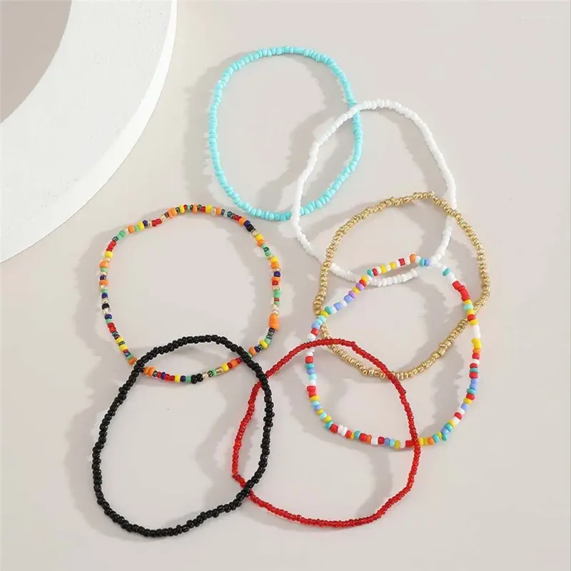 Fußkettchen 7 Teile/satz Persönlichkeit Handgemachte Barfuß Frauen Elastische Boho Fußkettchen Fuß Schmuck Zubehör Knöchel Armbänder Samen Perlen