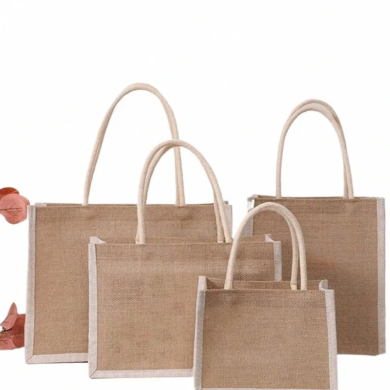 sacs fourre-tout en jute Burlap Handbag Reutilisable Boutique de plage Sac d'épicerie avec poignée 05RW #