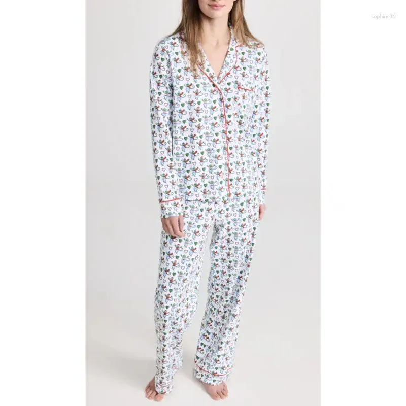 Ropa de casa mono pijamas estilo preppy womunewear heart estampado estampado de camisa de manga larga tapa y pantalones de 2000