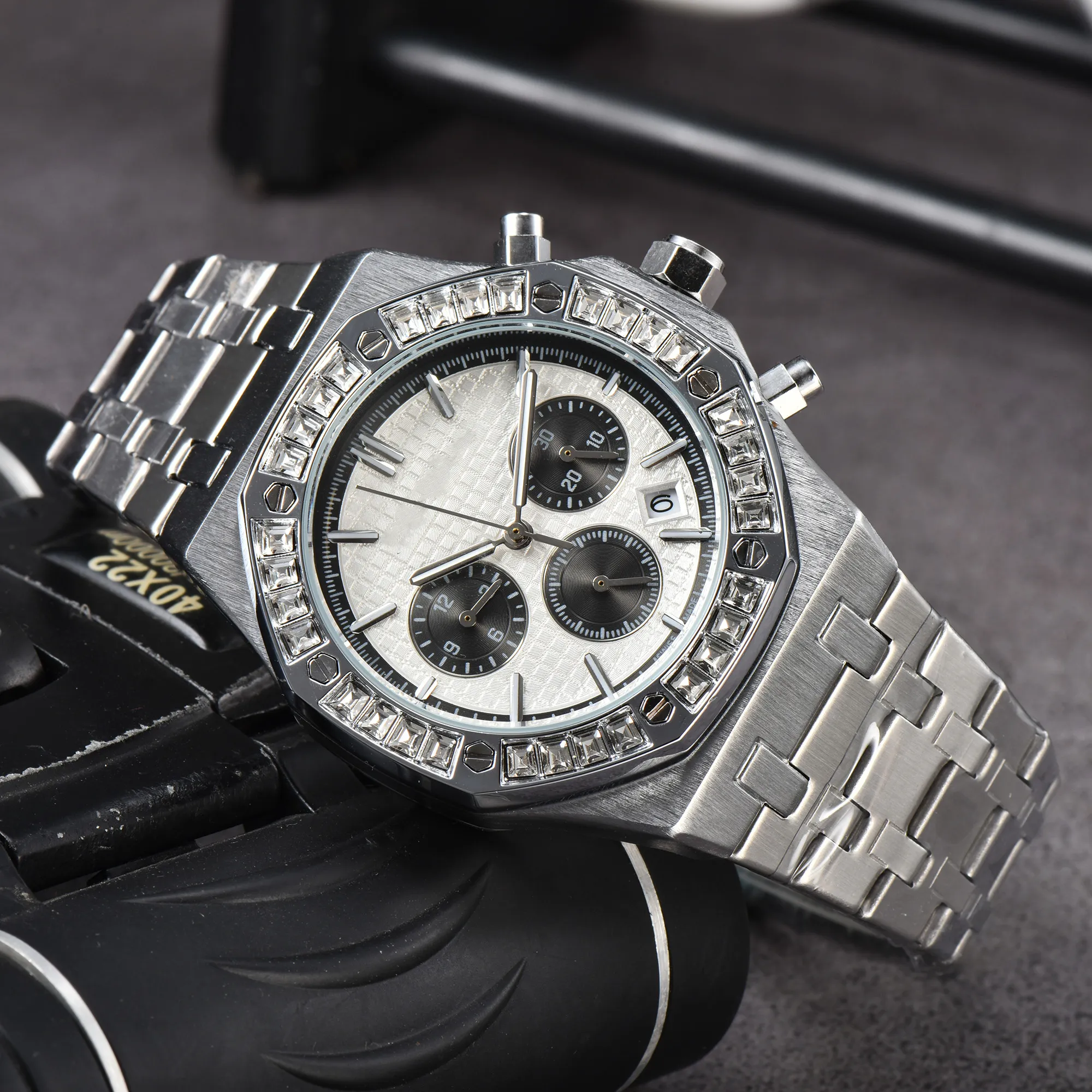 Новые мужские часы с высококачественными бриллиантами, модный ремешок из нержавеющей стали класса ААА, водонепроницаемые кварцевые часы-чаша, восьмигранные спортивные часы с шестью иглами #008