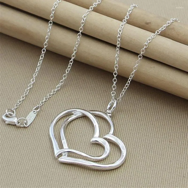 Pendant Necklaces 925 Sterling Silver Double Heart Necklace 18 Inch Chain For Woman Fashion Wedding Engagement Charm Jewelry