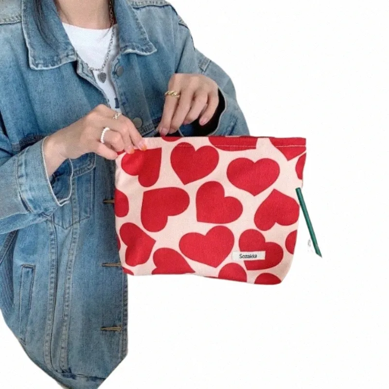 Borsa per il trucco in peluche con stampa a forma di cuore di grande capacità, pochette per cosmetici, organizzatore da viaggio, borsa per il trucco, borsa per il trucco, W7Xg #