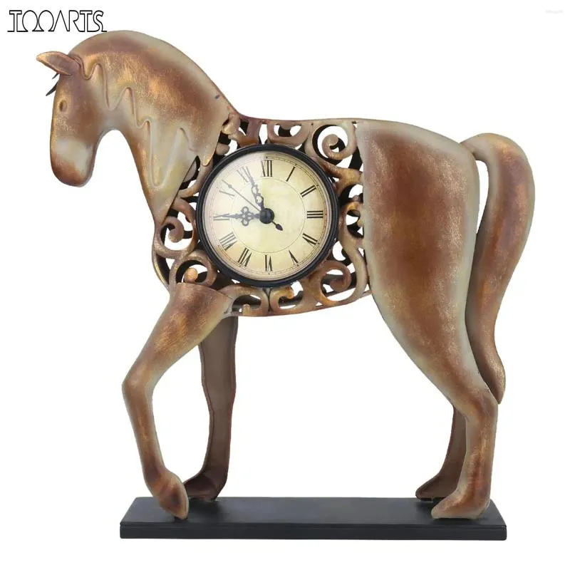 Horloges de table Tooarts Horse Clock Figurine en métal vintage Motif creux Muet Fonctionné par une pile (non incluse)