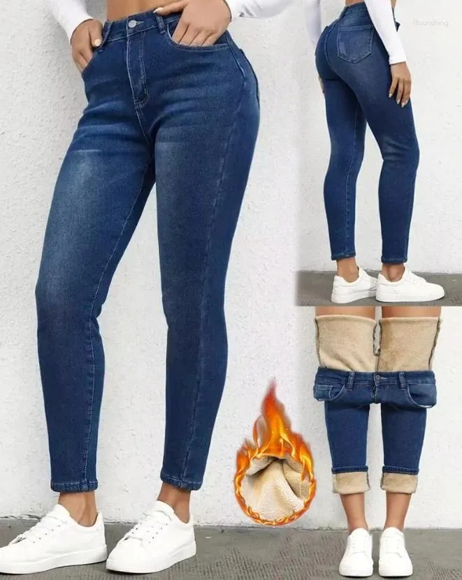 Jeans femininos casual plush 2024 moda azul escuro cintura alta bolso design velo básico versatilidade forrado skinny