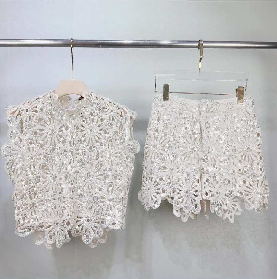 Hook Woven Hollow Maje Sequin Flower Sleeveless Slim Fit Top Shorts Girl Set