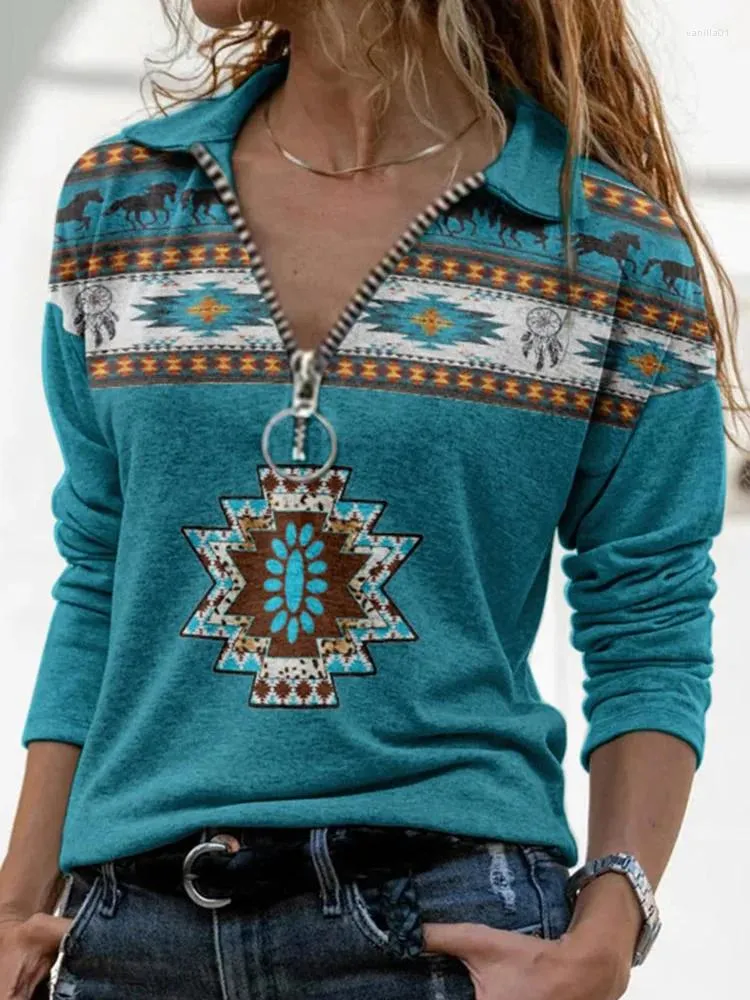 T-shirt da donna Vintage Y2k Streetwear Felpa casual Top a maniche lunghe con colletto con cerniera grafica turchese geometrica azteca